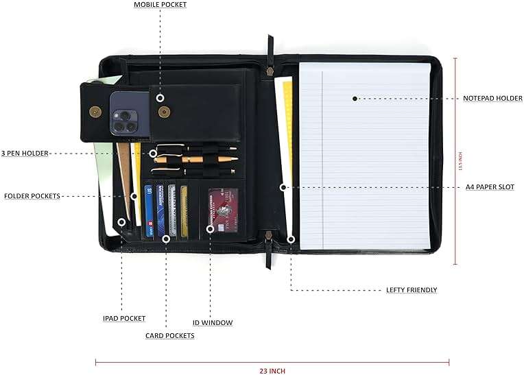 Leather Portfolio for Men, Portfolio Organizer with Zipper for Men Women, Leather Padfolios Business Resume Legal Pad Notebook Binder for A4/Pad (Black) - Image 6