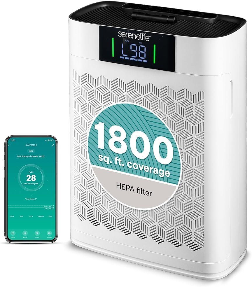 SereneLife HEPA Air Purifier for Home – Smart WiFi & App Control, Ultra-Quiet Air Purifier for Bedrooms & Large Rooms, Removes Dust, Pet Hair & Odors, Ideal for Pets & Allergies (1,800 Sq Ft, White) - Product Image