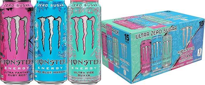 Monster Energy Ultra Variety Pack, Blue Hawaiian, Vice Guava, Fantasy Ruby Red, Sugar Free Energy Drink, 16 Ounce Can (Pack of 15) - Image 1