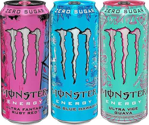 Monster Energy Ultra Variety Pack, Blue Hawaiian, Vice Guava, Fantasy Ruby Red, Sugar Free Energy Drink, 16 Ounce Can (Pack of 15) - Image 3