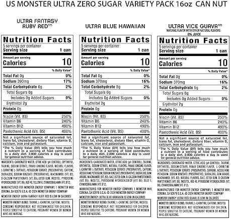 Monster Energy Ultra Variety Pack, Blue Hawaiian, Vice Guava, Fantasy Ruby Red, Sugar Free Energy Drink, 16 Ounce Can (Pack of 15) - Image 4