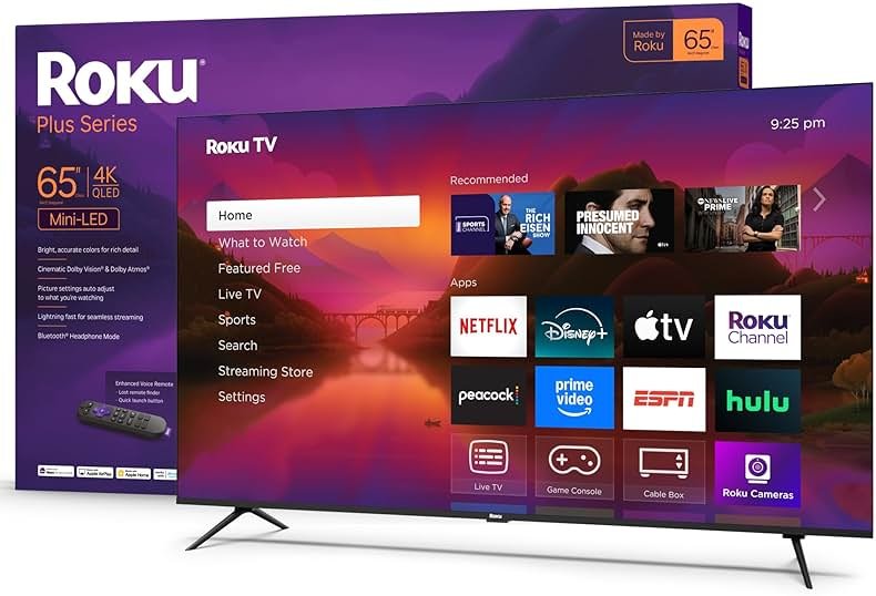 Roku Smart TV – 65-Inch Plus Series, Mini-LED TV – RokuTV with Enhanced Voice Remote – Flat Screen 4K QLED Television with Dolby Vision & Wi-Fi for Streaming Live Local News, Sports - Product Image