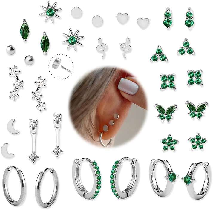 KRFY 25Pcs/17 Pairs Hypoallergenic Surgical Steel Earrings for Sensitive Ears 14K Gold Plated Flat Back Cartilage Earrings for Women Men Screw Back Flatback Stud Hoop Earring Set for Multiple Piercing - Image 1