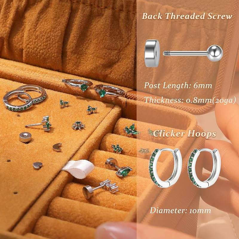 KRFY 25Pcs/17 Pairs Hypoallergenic Surgical Steel Earrings for Sensitive Ears 14K Gold Plated Flat Back Cartilage Earrings for Women Men Screw Back Flatback Stud Hoop Earring Set for Multiple Piercing - Image 2