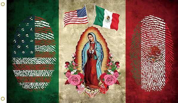 Mexican American Flag with Virgin of Guadalupe, Mexico USA Flag 3x5 Ft, Polyester, Indoor Outdoor Banner - Image 1