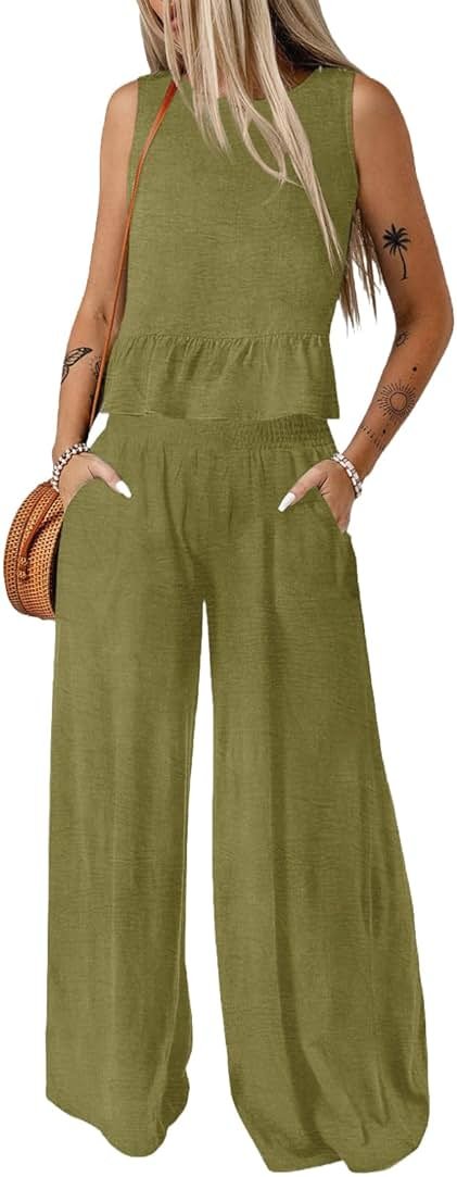 Dokotoo Pants Sets Women 2 Piece Outfits Sleeveless Round Neck Tank Tops Matching Sets for Women Elastic Waist Wide Leg - Product Image