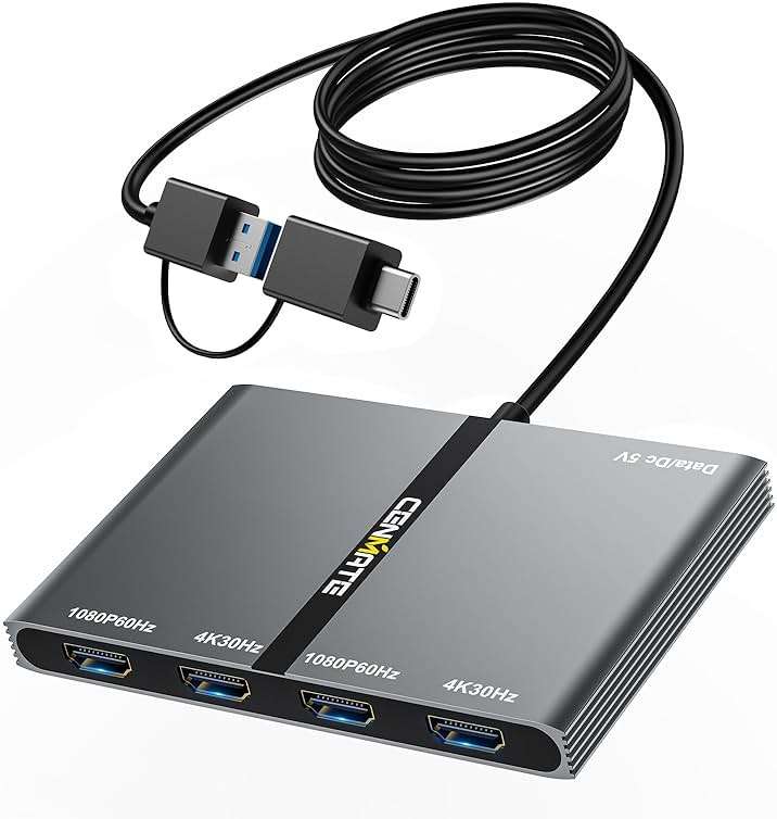 CENMATE USB A/C 3.0 to 4xHDMI Adapter Support Mirror/Extend Mode Compatible with Mac/Win,5-in-1 USB C Docking Station(4K30Hz x2+1080P60Hz x2+Type C 3.0), 4 Monitor Docking Station with 4 HDMI - Image 1