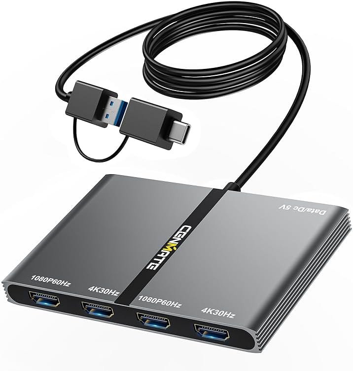 CENMATE USB A/C 3.0 to 4xHDMI Adapter Support Mirror/Extend Mode Compatible with Mac/Win,5-in-1 USB C Docking Station(4K30Hz x2+1080P60Hz x2+Type C 3.0), 4 Monitor Docking Station with 4 HDMI - Product Image