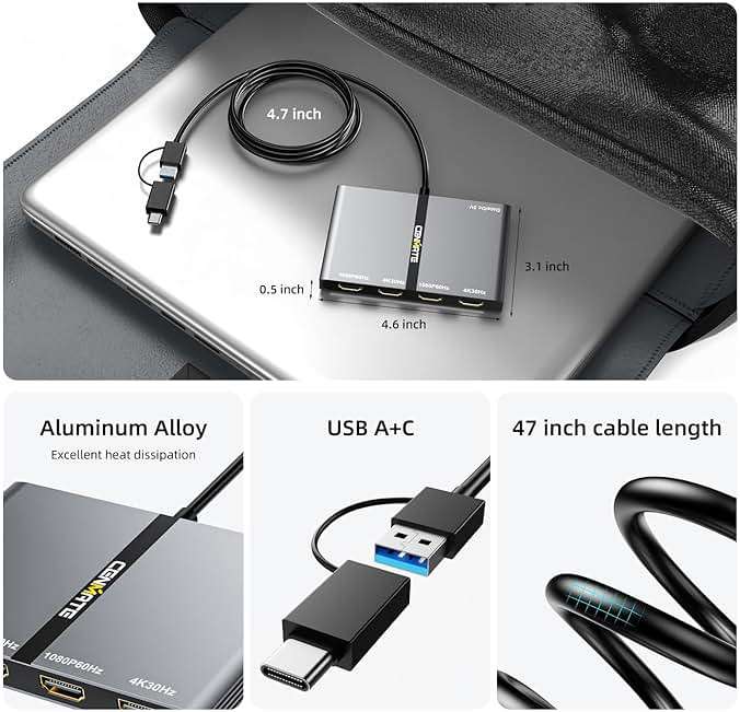 CENMATE USB A/C 3.0 to 4xHDMI Adapter Support Mirror/Extend Mode Compatible with Mac/Win,5-in-1 USB C Docking Station(4K30Hz x2+1080P60Hz x2+Type C 3.0), 4 Monitor Docking Station with 4 HDMI - Image 5