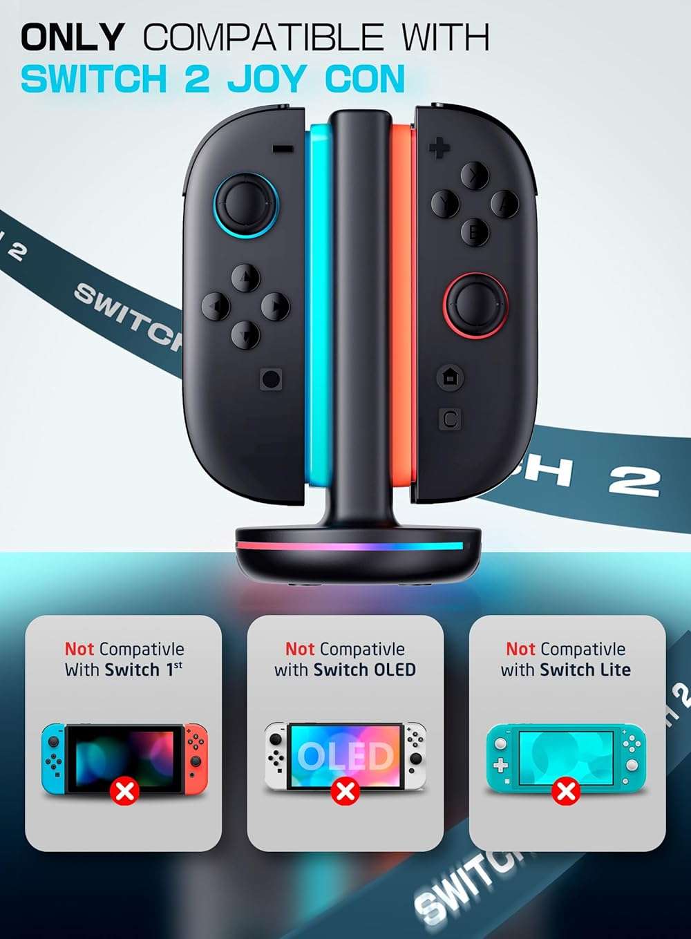 SUPCASE Charging Dock for Nintendo Switch 2 Joy Con, Black | Supports Dual-Side Charging, 9 Light Modes, Magnetic Controller, Fast Charger Stand Station - Image 2