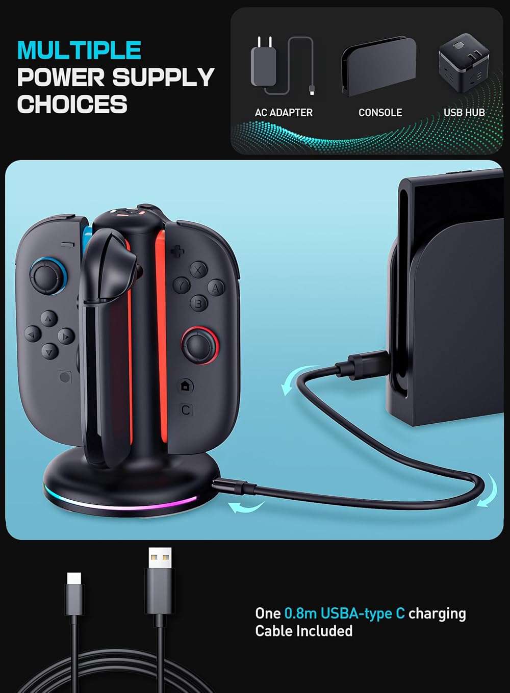 SUPCASE Charging Dock for Nintendo Switch 2 Joy Con, Black | Supports Dual-Side Charging, 9 Light Modes, Magnetic Controller, Fast Charger Stand Station - Image 6