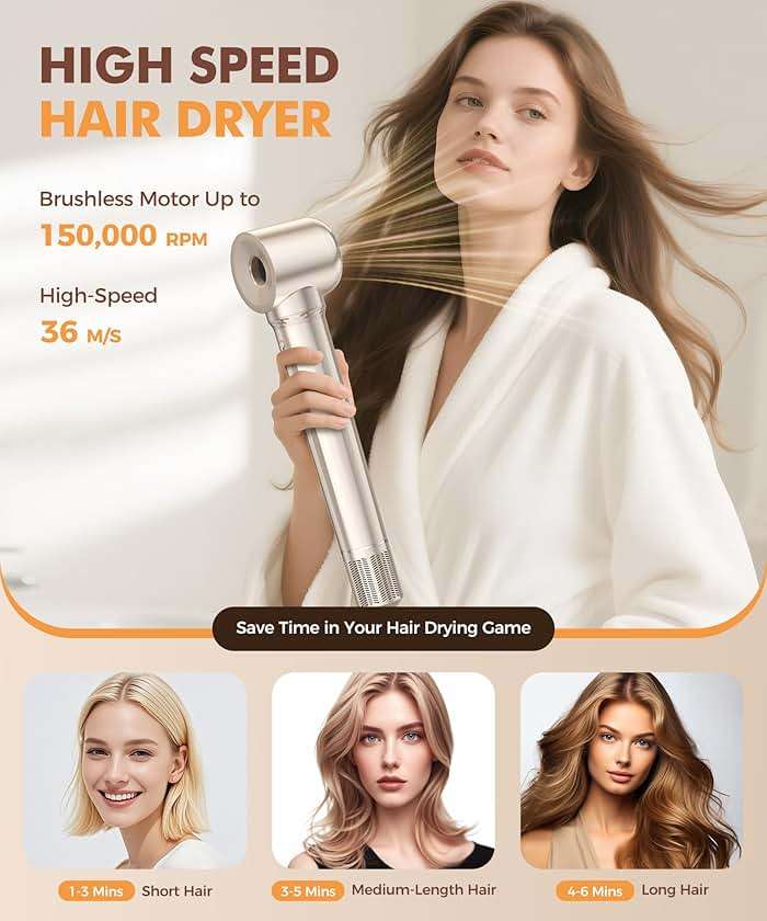 Cosy Companions 6 in-1 Hair Dryer Brush, 150,000 RPM High-Speed Negative Ionic, Blow Dryer Brush for Fast Drying, Hot Air Brush for Curling/Volumizing/Straightening with Travel Bag, Gold - Image 5