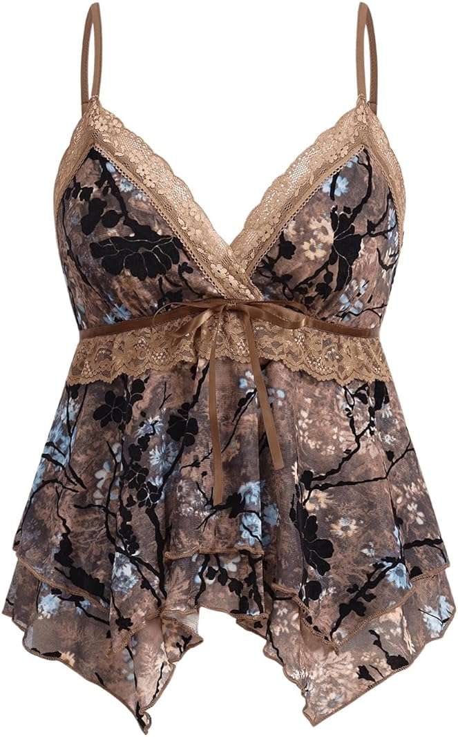 Verdusa Women's Y2K Tops Babydoll Summer Tank Tops Going Out Floral Lace Flowy Mesh Shirt Whimsical Clothes - Image 1