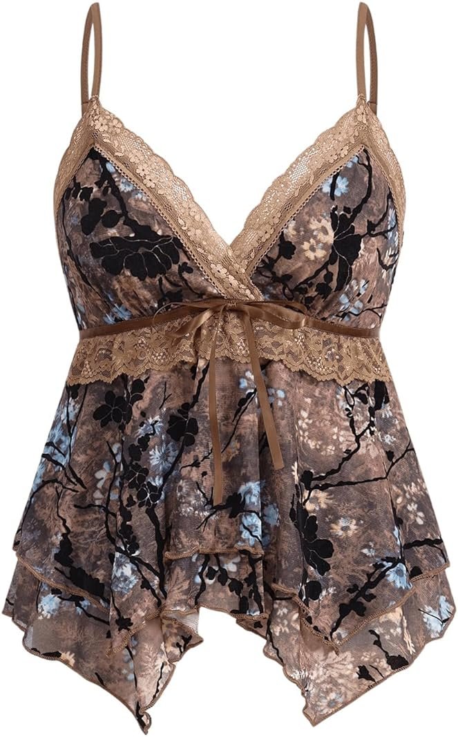 Verdusa Women's Y2K Tops Babydoll Summer Tank Tops Going Out Floral Lace Flowy Mesh Shirt Whimsical Clothes - Product Image