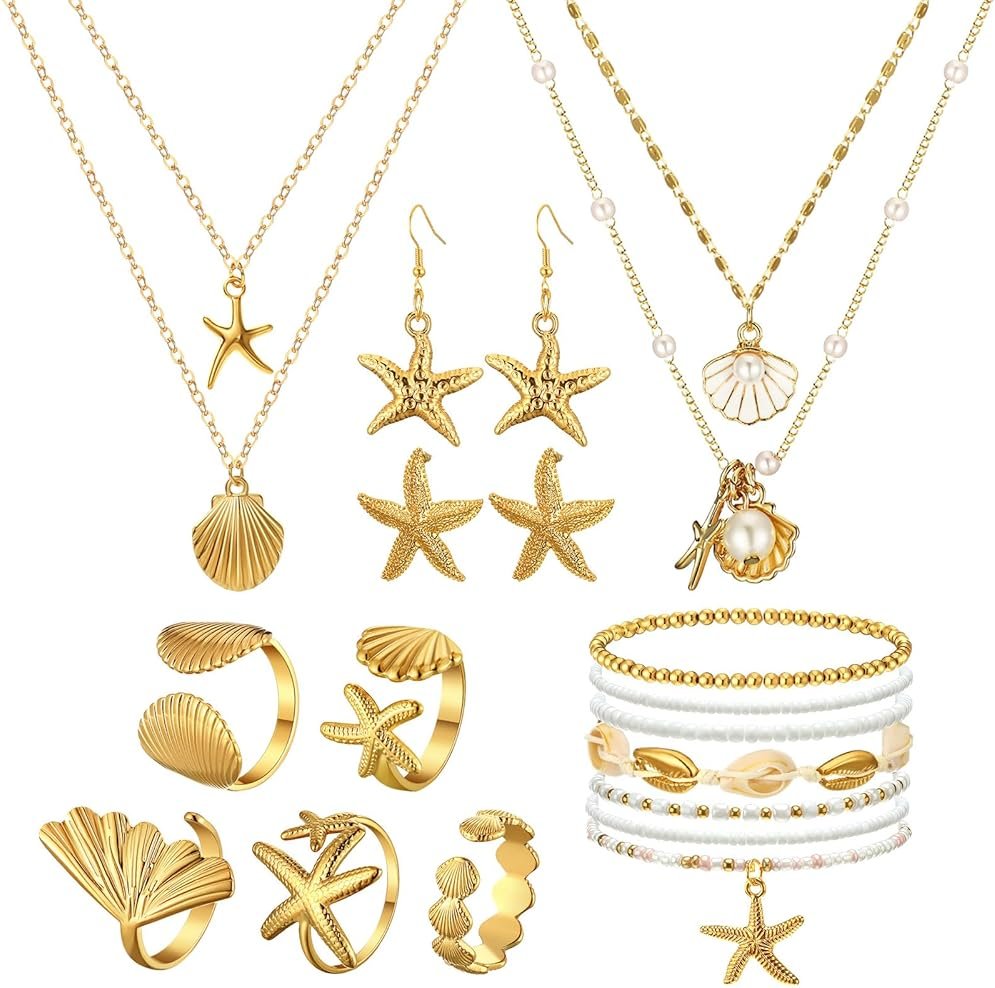 Tondiamo 18 Pcs Seashell Starfish Jewelry Set for Women Seashell Earrings Rings Boho Layer Charm Necklace Summer Beach Bracelets Natural White Anklet for Summer Holiday Vacation Accessories - Product Image
