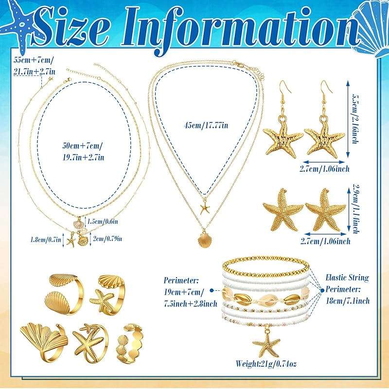 Tondiamo 18 Pcs Seashell Starfish Jewelry Set for Women Seashell Earrings Rings Boho Layer Charm Necklace Summer Beach Bracelets Natural White Anklet for Summer Holiday Vacation Accessories - Image 4