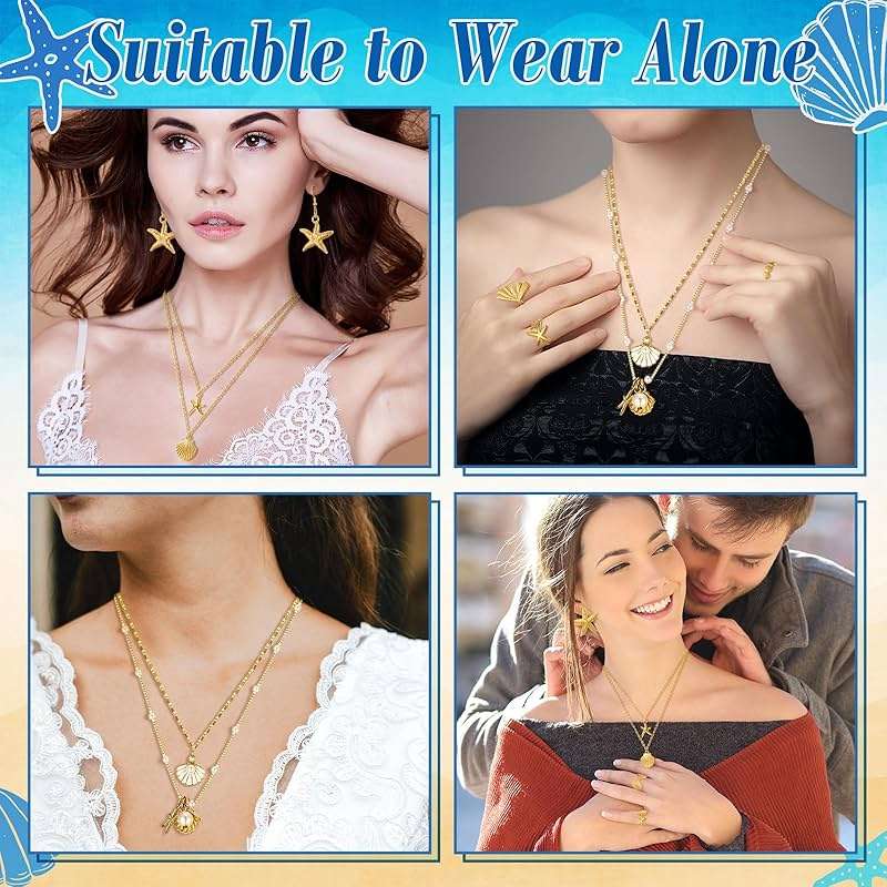 Tondiamo 18 Pcs Seashell Starfish Jewelry Set for Women Seashell Earrings Rings Boho Layer Charm Necklace Summer Beach Bracelets Natural White Anklet for Summer Holiday Vacation Accessories - Image 5