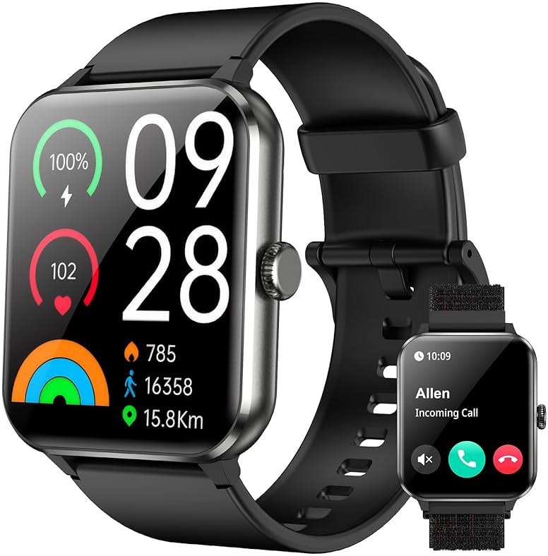 Smart Watch,1.85'' HD Smartwatch for Men Women(Answer/Make Call), Fitness Watch with Heart Rate/Sleep/Spo2/IP68 Waterproof/100+ Sports Modes, Pedometer, Activity Tracker for Android & iOS (2 Straps) - Image 1