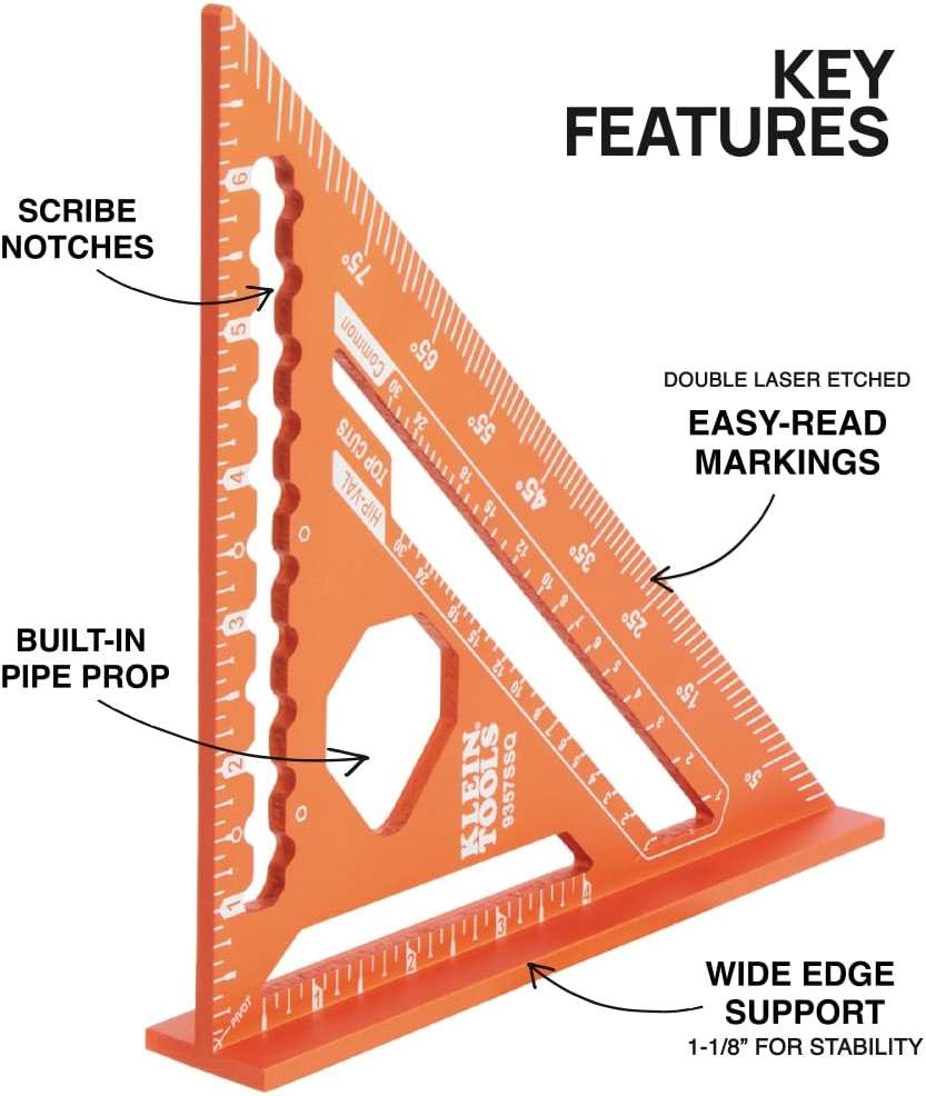 Klein Tools 9357SSQ Rafter Square, 7-Inch, Double Laser Etched Aluminum, Multi-Functional, Carpenter Measuring Layout Tool, Triangle Ruler for Woodworking - Image 3