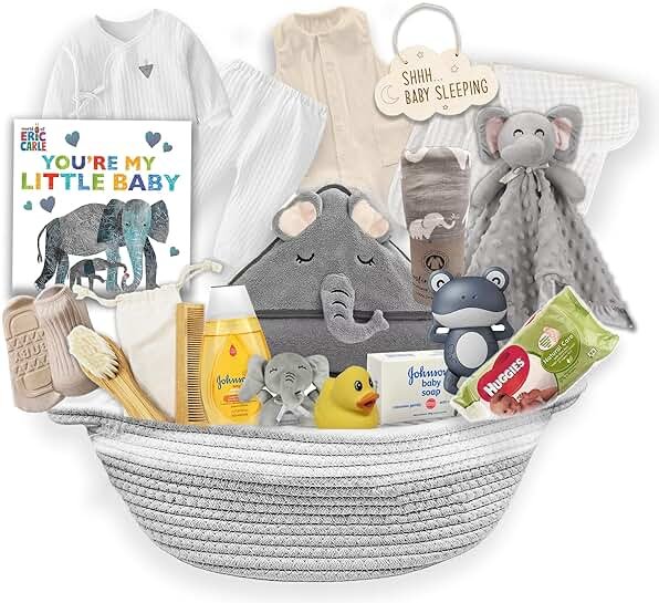 New Baby Boy/Girl Gift Basket (20 Items) for a New mom Elephant Baby Gift Set. Welcome Baby Care Package All w/Newborn Essentials Bundle for Expecting Moms Baby Shower, After Labor Unisex - Product Image