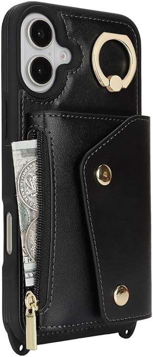 Lipvina for iPhone 16 Case with Card Holder and Strap - Zipper Pocket,Crossbody Lanyard Strap,Credit Card Holder,Stand Ring,Cute Phone Wallet Case for Women(Black,6.1 Inch) - Image 5