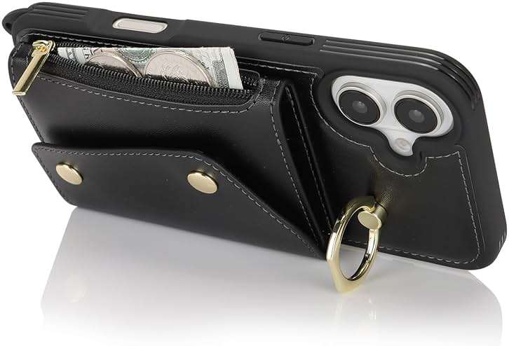 Lipvina for iPhone 16 Case with Card Holder and Strap - Zipper Pocket,Crossbody Lanyard Strap,Credit Card Holder,Stand Ring,Cute Phone Wallet Case for Women(Black,6.1 Inch) - Image 7