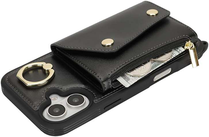 Lipvina for iPhone 16 Case with Card Holder and Strap - Zipper Pocket,Crossbody Lanyard Strap,Credit Card Holder,Stand Ring,Cute Phone Wallet Case for Women(Black,6.1 Inch) - Image 8