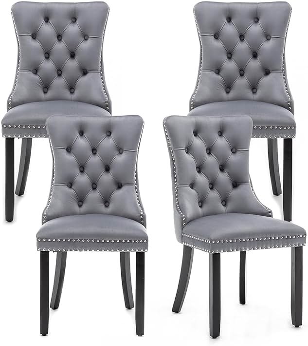 Hixkol Velvet Dining Chairs Set of 4,Upholstered Dining Chairs with Ring Pull Trim and Button Back,Modern Seating for Kitchen, Bedroom & Living Room(Grey) - Product Image