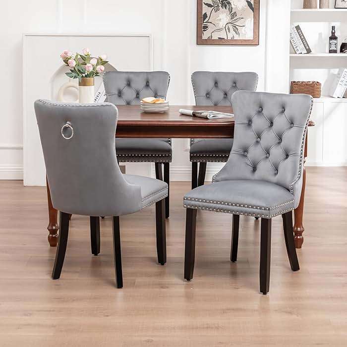 Hixkol Velvet Dining Chairs Set of 4,Upholstered Dining Chairs with Ring Pull Trim and Button Back,Modern Seating for Kitchen, Bedroom & Living Room(Grey) - Image 2
