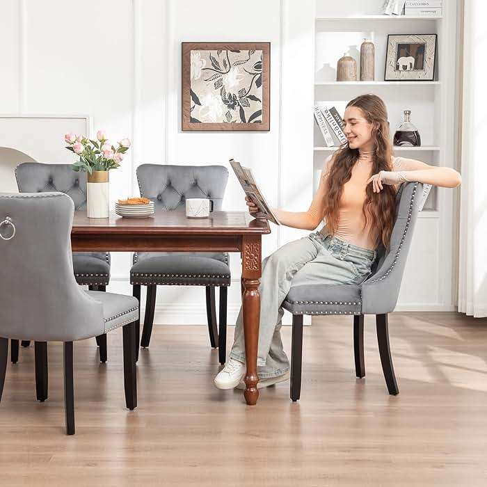 Hixkol Velvet Dining Chairs Set of 4,Upholstered Dining Chairs with Ring Pull Trim and Button Back,Modern Seating for Kitchen, Bedroom & Living Room(Grey) - Image 4