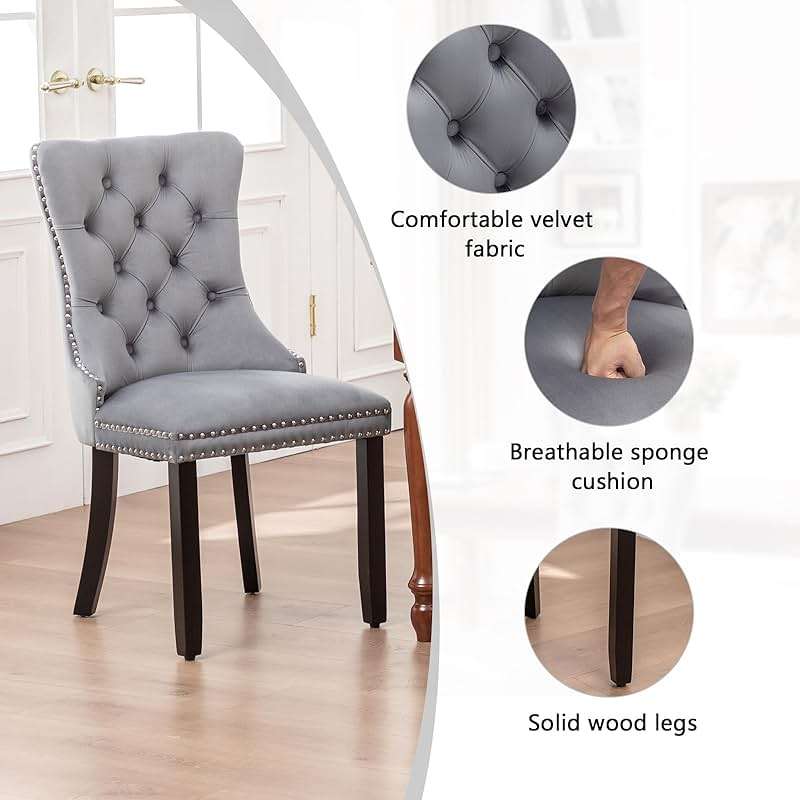 Hixkol Velvet Dining Chairs Set of 4,Upholstered Dining Chairs with Ring Pull Trim and Button Back,Modern Seating for Kitchen, Bedroom & Living Room(Grey) - Image 5
