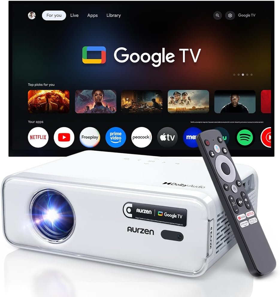 Aurzen EAZZE D1G 4K Supported Google TV Smart Projector with WiFi & Bluetooth, Auto Focus & Keystone, Dolby Audio, Zoom, Movie, Portable Mini Projector for Home & Outdoor Use - Product Image