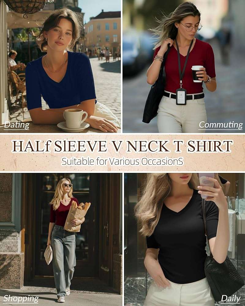 Ficerd 3 Pack Women's Half Sleeve V Neck T Shirts, Mid Elbow Length Sleeve Shirt Slim Fit Tunic Top Casual Summer Tee - Image 2