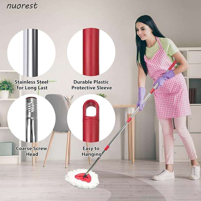 Nuorest Spin Mop Replacement Set for O-Ceda EasyWring 1-Tank System, Includes 2 Microfiber Mop Heads, 1 Adjustable Spin Mop Handle (30"-58"), 1 Spin Base, Floor Cleaning(No Bucket) - Image 4
