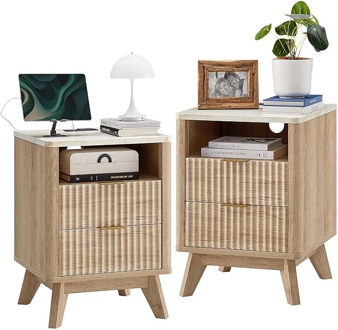 T4TREAM Fluted Nightstand Set of 2 with Charging Station, 18" Modern Side Table with Faux Marble Top, 2 Drawer End Table w/Storage, BedsideTable for Bedroom, Living Room, Curved Profile, Natural Oak - Product Image