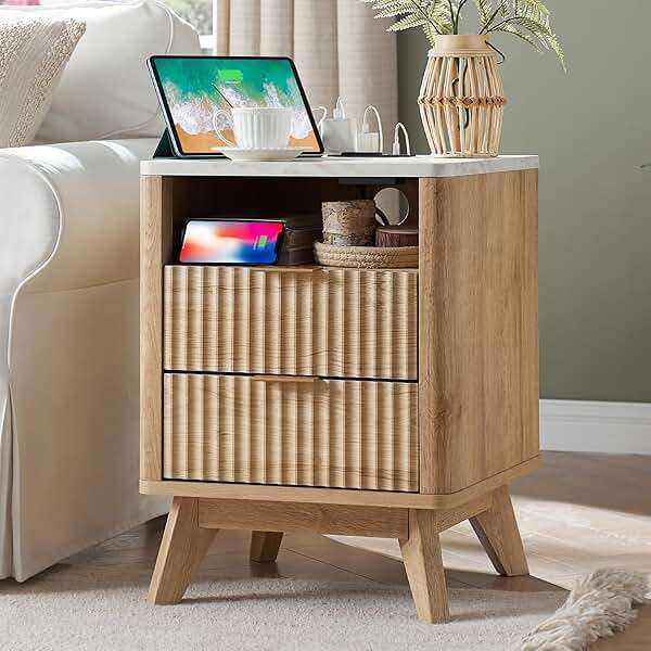 T4TREAM Fluted Nightstand Set of 2 with Charging Station, 18" Modern Side Table with Faux Marble Top, 2 Drawer End Table w/Storage, BedsideTable for Bedroom, Living Room, Curved Profile, Natural Oak - Image 2