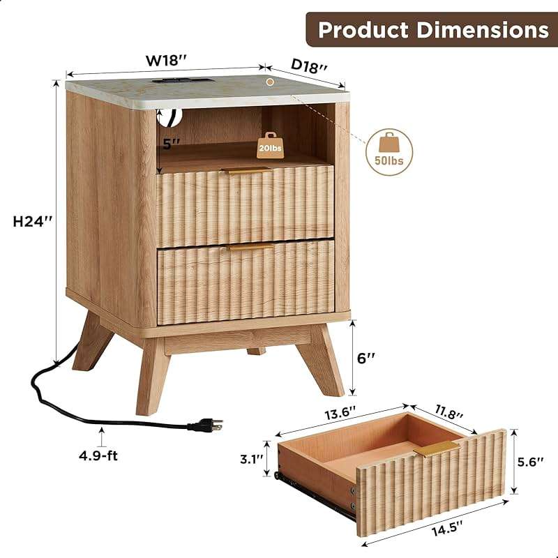 T4TREAM Fluted Nightstand Set of 2 with Charging Station, 18" Modern Side Table with Faux Marble Top, 2 Drawer End Table w/Storage, BedsideTable for Bedroom, Living Room, Curved Profile, Natural Oak - Image 3