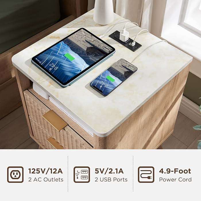 T4TREAM Fluted Nightstand Set of 2 with Charging Station, 18" Modern Side Table with Faux Marble Top, 2 Drawer End Table w/Storage, BedsideTable for Bedroom, Living Room, Curved Profile, Natural Oak - Image 4