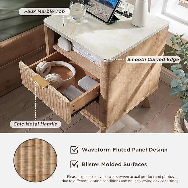 T4TREAM Fluted Nightstand Set of 2 with Charging Station, 18" Modern Side Table with Faux Marble Top, 2 Drawer End Table w/Storage, BedsideTable for Bedroom, Living Room, Curved Profile, Natural Oak - Image 5