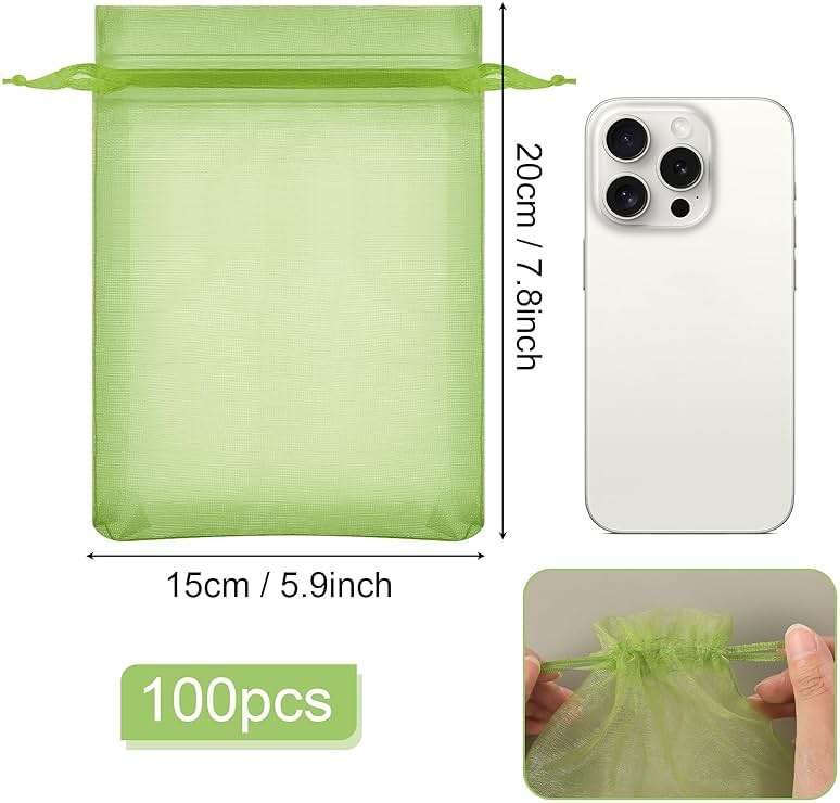 100 Pieces Green Fruit Protection Bags Fruit Protection Bags Fruit Netting Bags with Drawstring for Protecting Vegetable Net Cover Reusable Mesh Bag for Garden Apple Trees(15 * 20cm) - Image 3