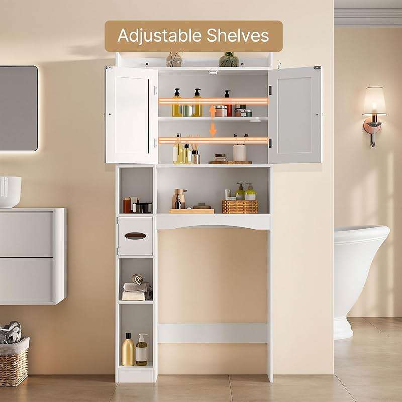 Gizoon 66''H Over The Toilet Storage Cabinet, Over Toilet Storage Cabinet White, Over Toilet Bathroom Organizer, with 2 Doors, Adjustable Shelf, for Bathroom, Laundry, White - Image 5