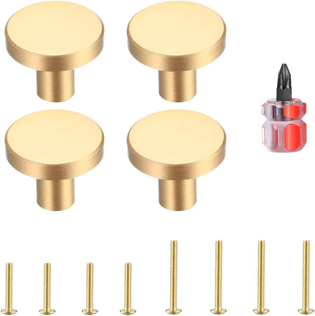 MUZHUPGUZ Gold Cabinet Knobs, 4 Pcs Brushed Brass Round Kitchen Cabinet Hardware Pulls Knobs Gold for Dresser Drawer Cupboard Furniture Closet Wardrobe Door Knobs Handles, with Screwdriver, 20x30 mm - Product Image