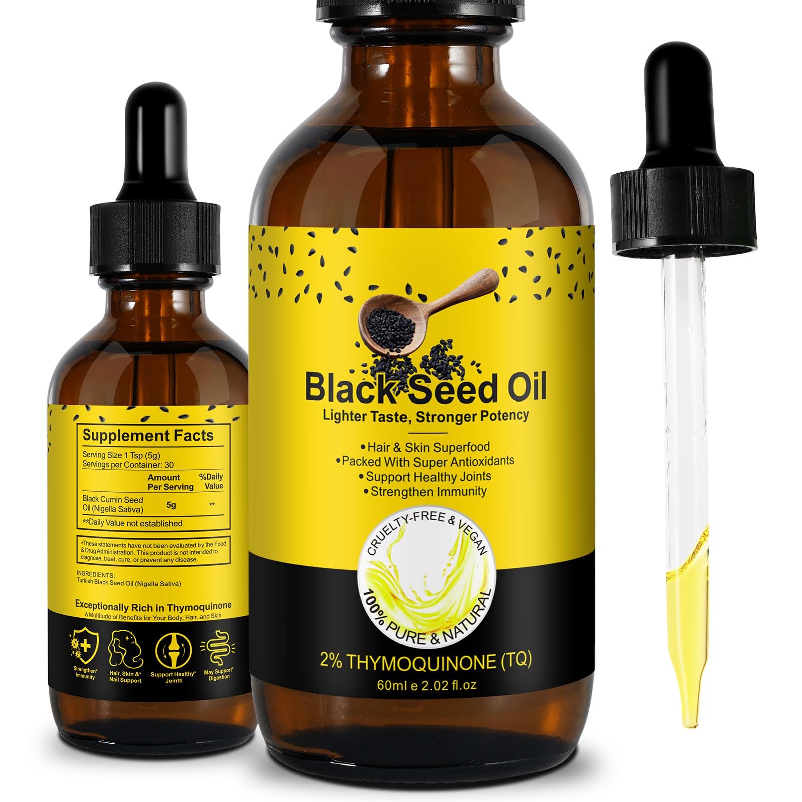 Black Seed Oil Organic Cold Pressed Black Seed Oil 100% Pure Natural Cumin Seed Oil Gluten Free Black Seed Oil Liquid for Hair Growth, Skin Cares - Product Image