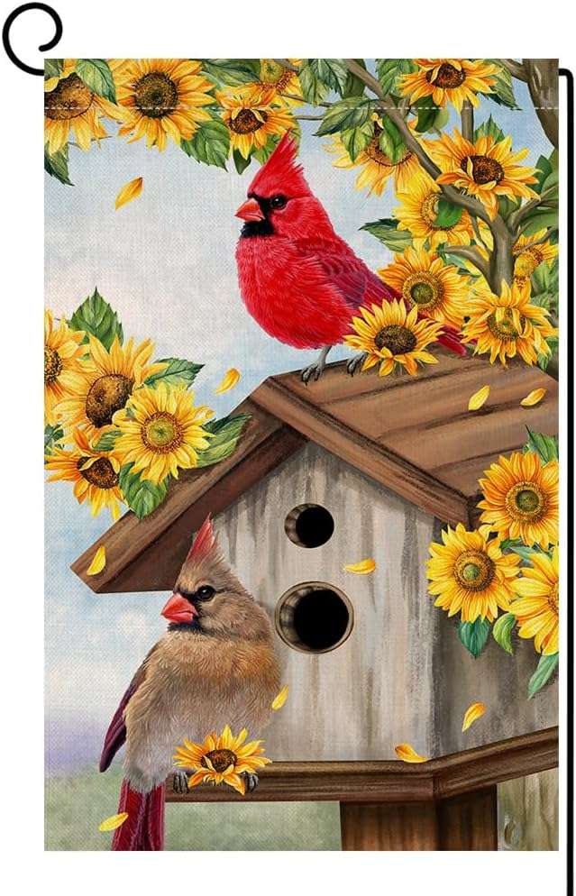 BLKWHT Summer Sunflowers Cardinal Bird Garden Flag 12x18 Vertical Double Sided Yellow Flowers Spring Farmhouse Holiday Outside Decorations Burlap Yard Flag BW815 - Image 1