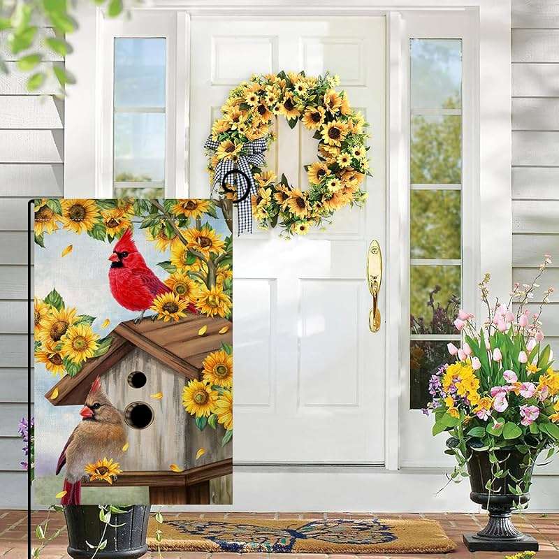 BLKWHT Summer Sunflowers Cardinal Bird Garden Flag 12x18 Vertical Double Sided Yellow Flowers Spring Farmhouse Holiday Outside Decorations Burlap Yard Flag BW815 - Image 2