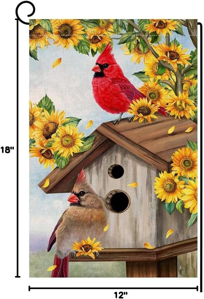 BLKWHT Summer Sunflowers Cardinal Bird Garden Flag 12x18 Vertical Double Sided Yellow Flowers Spring Farmhouse Holiday Outside Decorations Burlap Yard Flag BW815 - Image 3