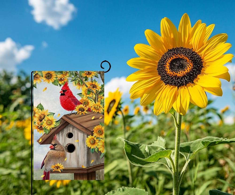 BLKWHT Summer Sunflowers Cardinal Bird Garden Flag 12x18 Vertical Double Sided Yellow Flowers Spring Farmhouse Holiday Outside Decorations Burlap Yard Flag BW815 - Image 5