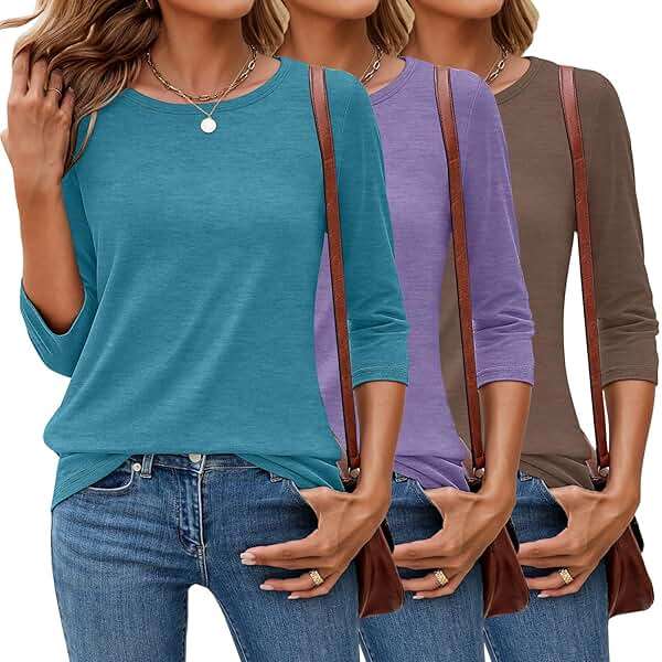 Ficerd 3 Pack 3/4 Sleeve Tops for Women T Shirts Round Neck Dressy Basics Tees Blouses Casual Trendy Loose Fit Shirts - Image 1