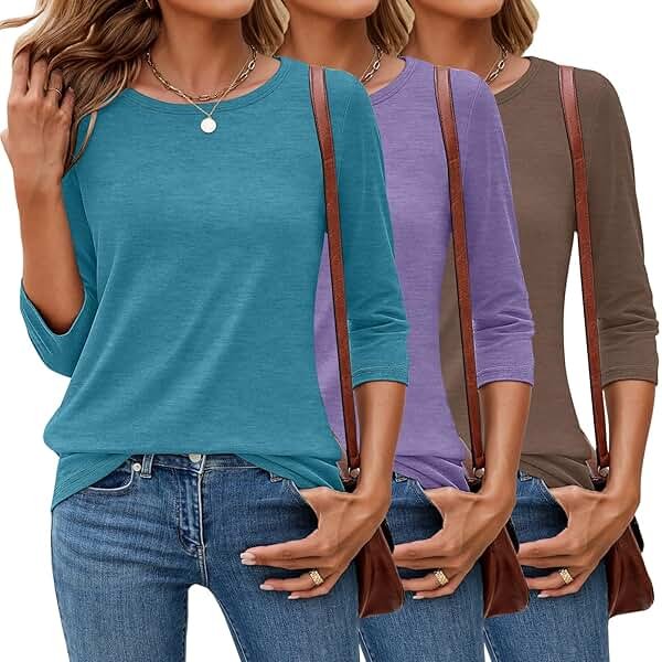 Ficerd 3 Pack 3/4 Sleeve Tops for Women T Shirts Round Neck Dressy Basics Tees Blouses Casual Trendy Loose Fit Shirts - Product Image
