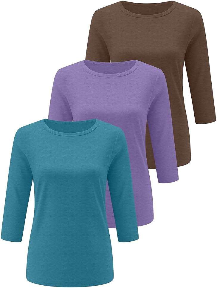 Ficerd 3 Pack 3/4 Sleeve Tops for Women T Shirts Round Neck Dressy Basics Tees Blouses Casual Trendy Loose Fit Shirts - Image 2
